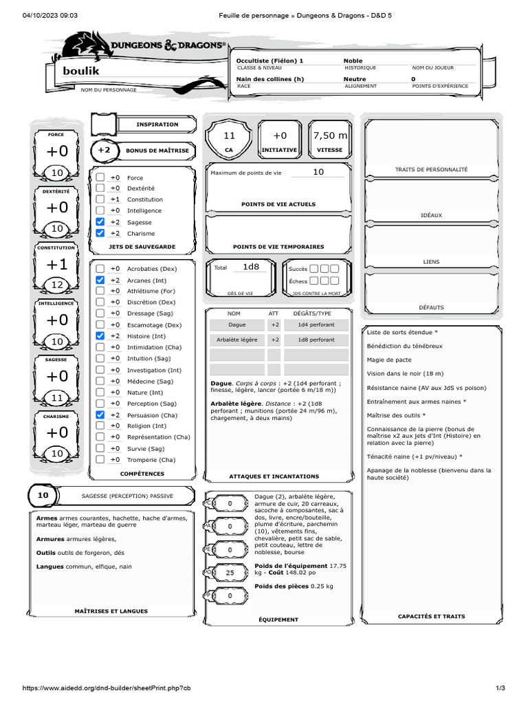 Feuille de personnage » Dungeons & Dragons - D&D 5 boulik | PDF