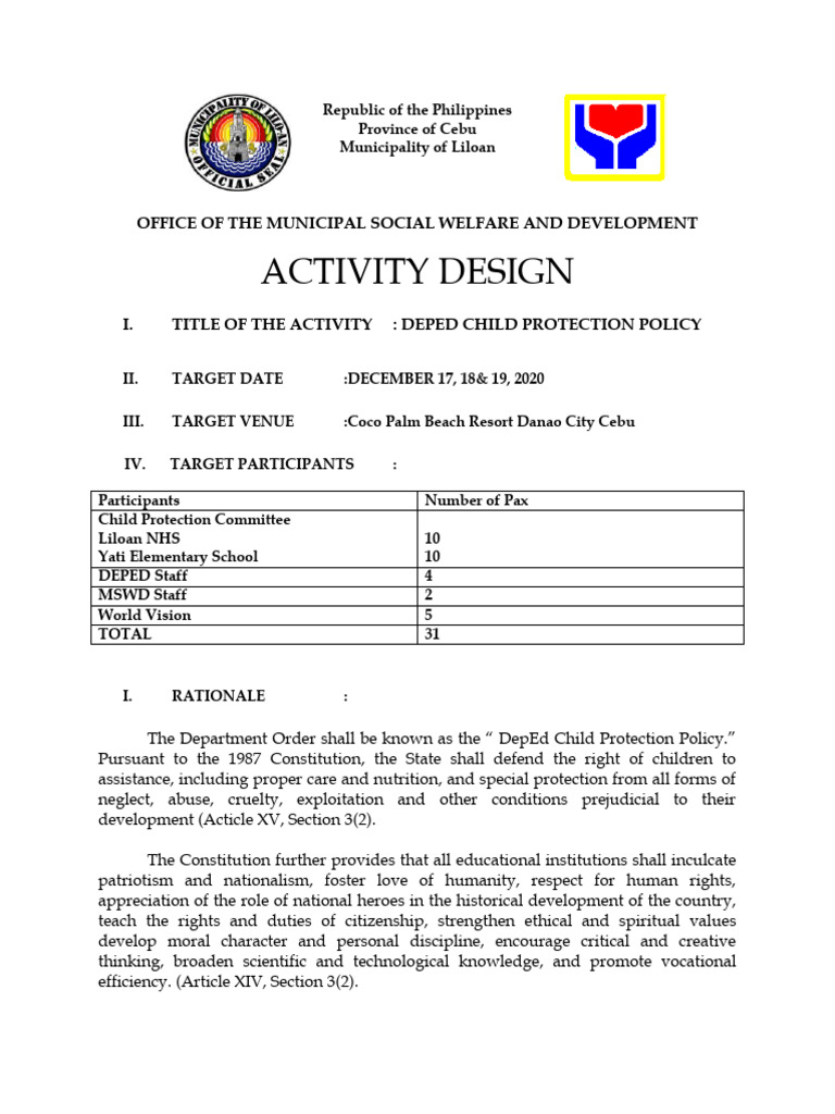Activity Design Child Protection Policy PDF Child Protection
