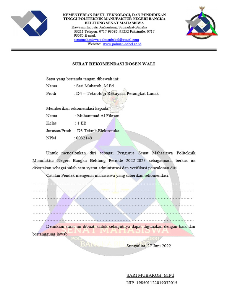 Surat Rekomendasi Dosen Wali | PDF