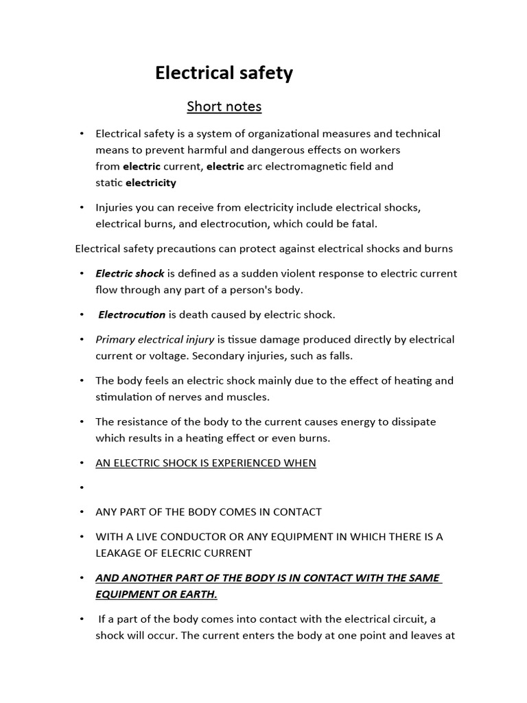 Electrical Safety Short Notes PDF