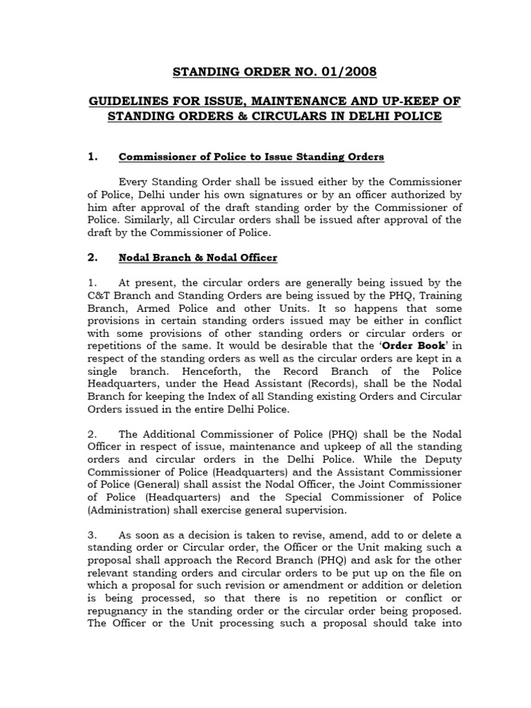 Standing Order No. 01/2008 Guidelines For Issue, Maintenance and Up