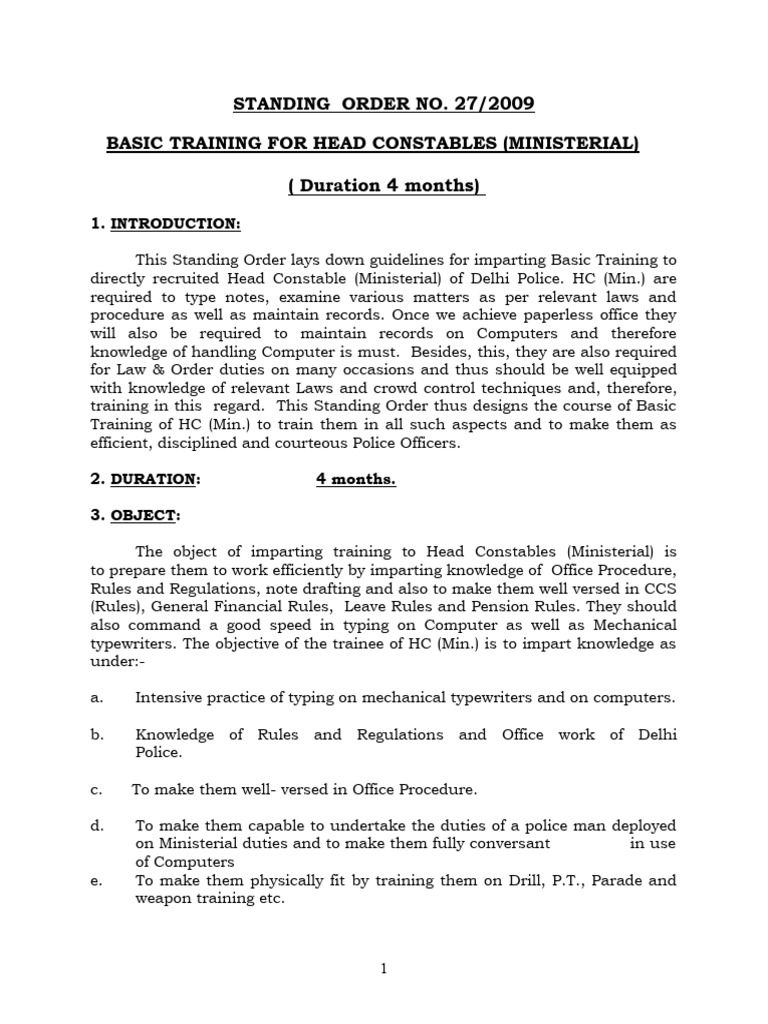 Standing Order No. 27/2009 Basic Training For Head Constables
