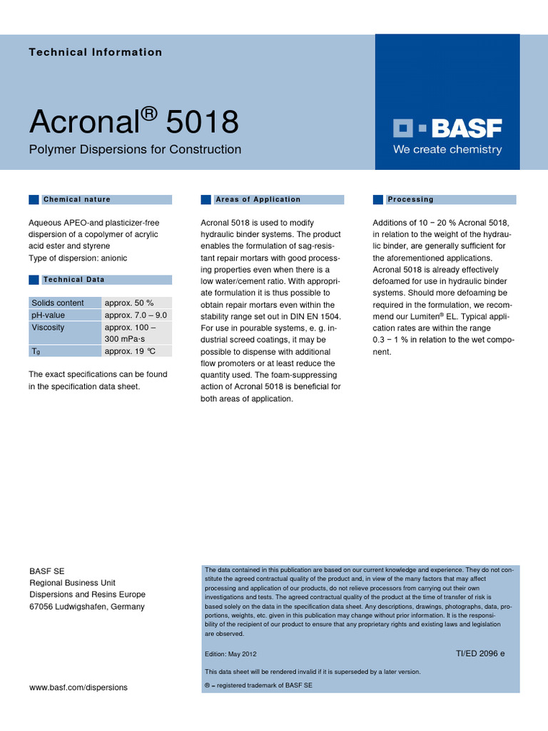 Acronal 5018 | PDF | Viscosity | Mortar (Masonry)