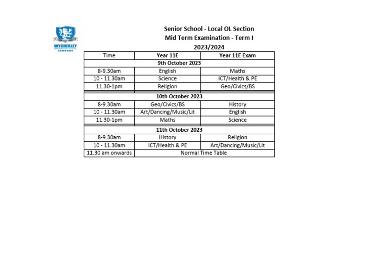 Year 11E Mid Term Timetable 2024 | PDF | Science & Mathematics