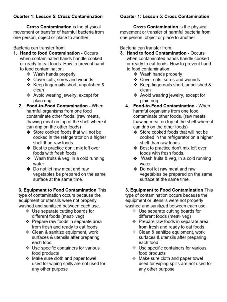 Cross Contamination PDF Cooking Foods