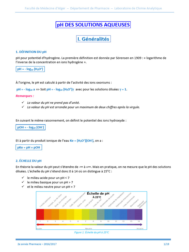 Chimie Analytique Cours PH Des Solutions Aqueuses | PDF