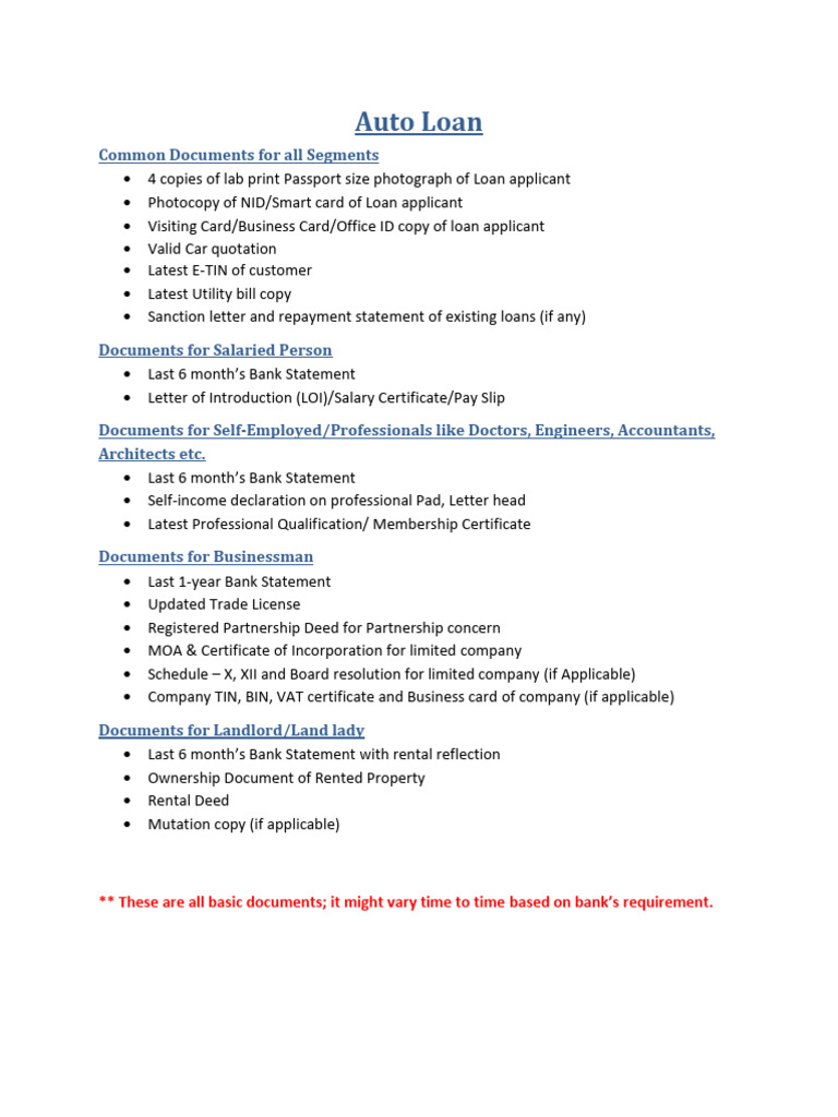 Basic-Required-Documents-for-Auto-Loan | PDF