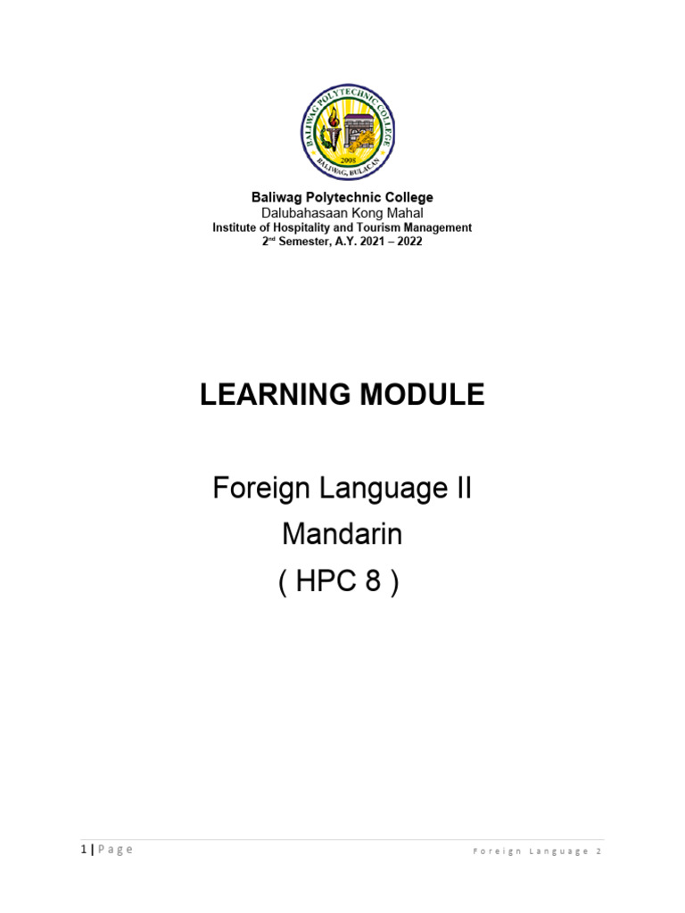 Mandarin Language Learning Module 2 | PDF | Standard Chinese | Verb