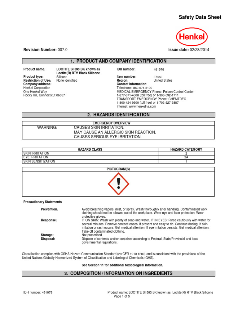 LOCTITE RTV Black Silicone Safety Data Sheet | PDF | Personal ...