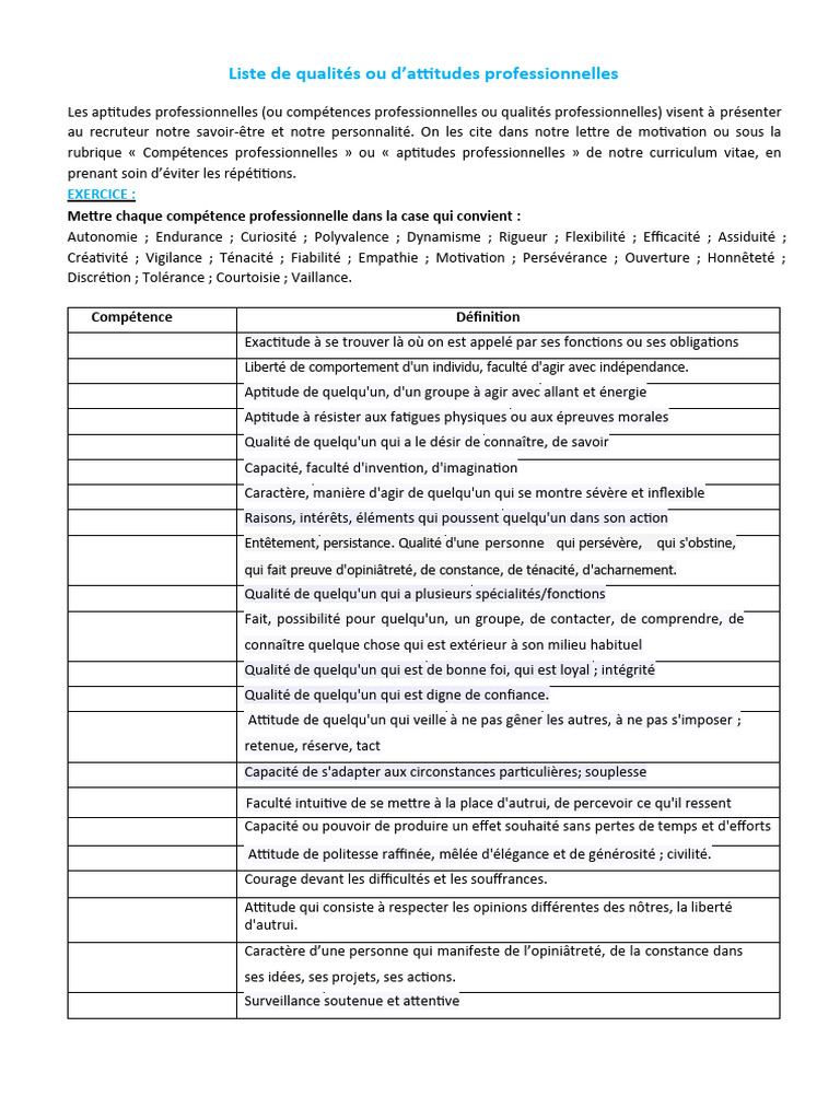 Liste de Qualités Ou D'attitudes Professionnelles: Exercice | PDF