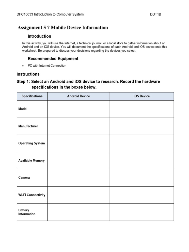 Mobile Device Specifications Worksheet | PDF | Technology & Engineering
