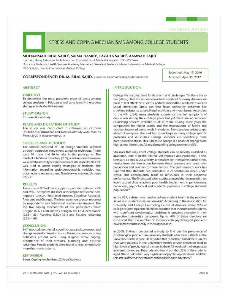15076364465919-Stress and Coping Mechanisms Among College Students | PDF