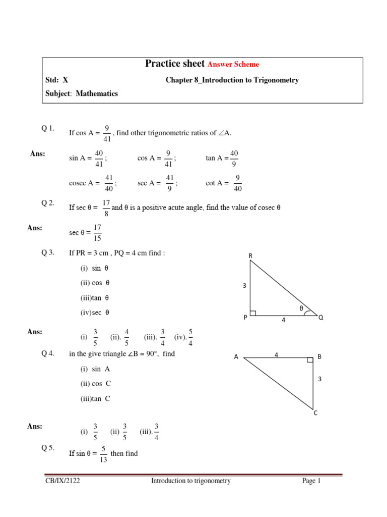 As ps cbse x math ch 8 introduction to trigonometry