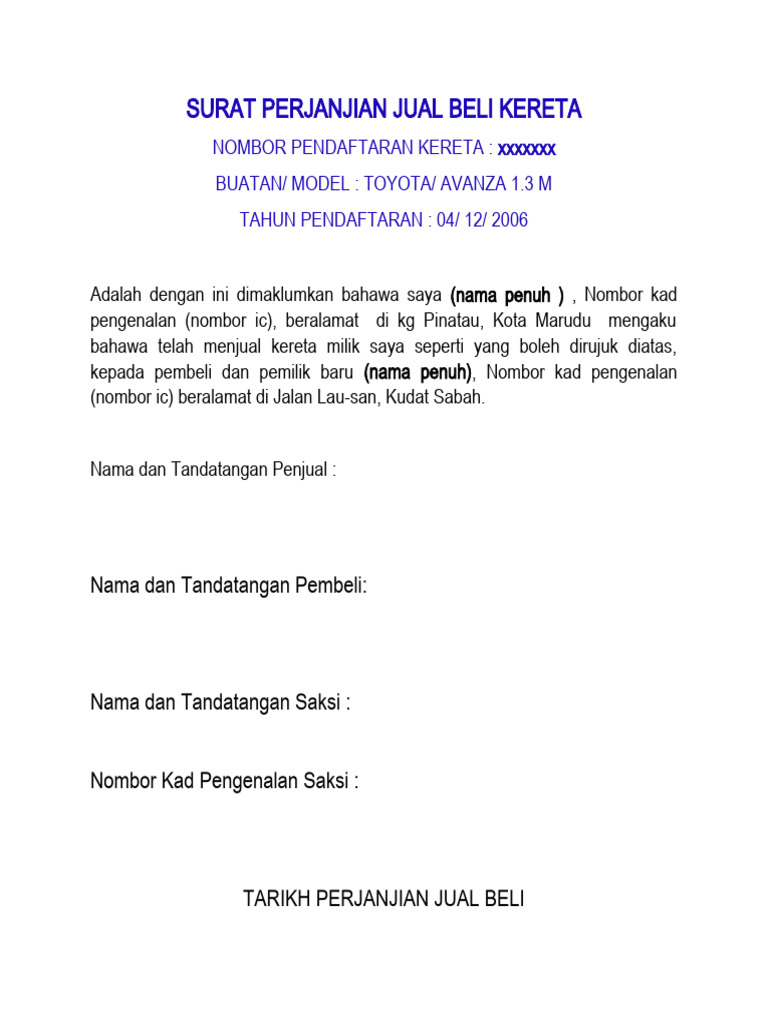 Surat Perjanjian Jual Beli Kereta | PDF