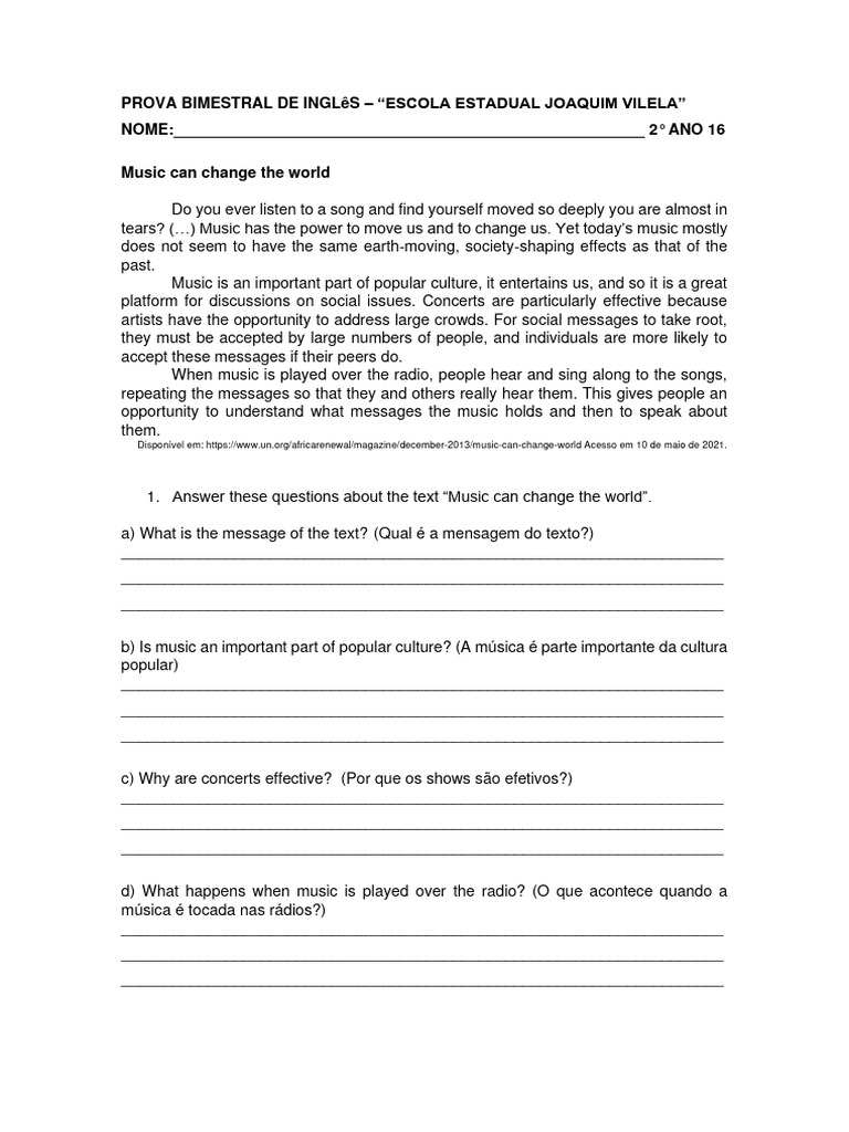 Image Result For Avaliao Bimestral De Lngua Inglesa Ano Docx