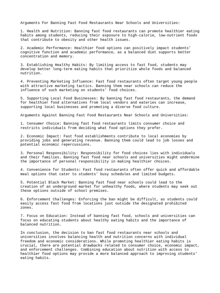 Banning Fast Food Near Schools: Pros & Cons | PDF | Fast Food | Healthy ...