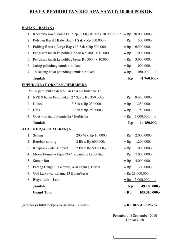 Biaya Pembibitan Kelapa Sawit