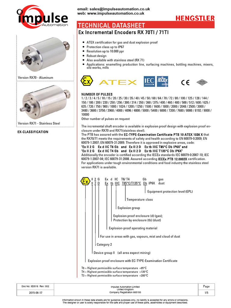 Hengstler RX70TI RX71TI Incremental Rotary Encoder Datasheet PDF