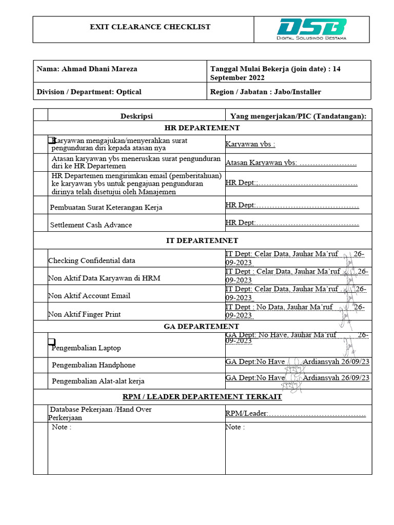 Form - Exit Clearance (Ahmad Dani Mareza) | PDF