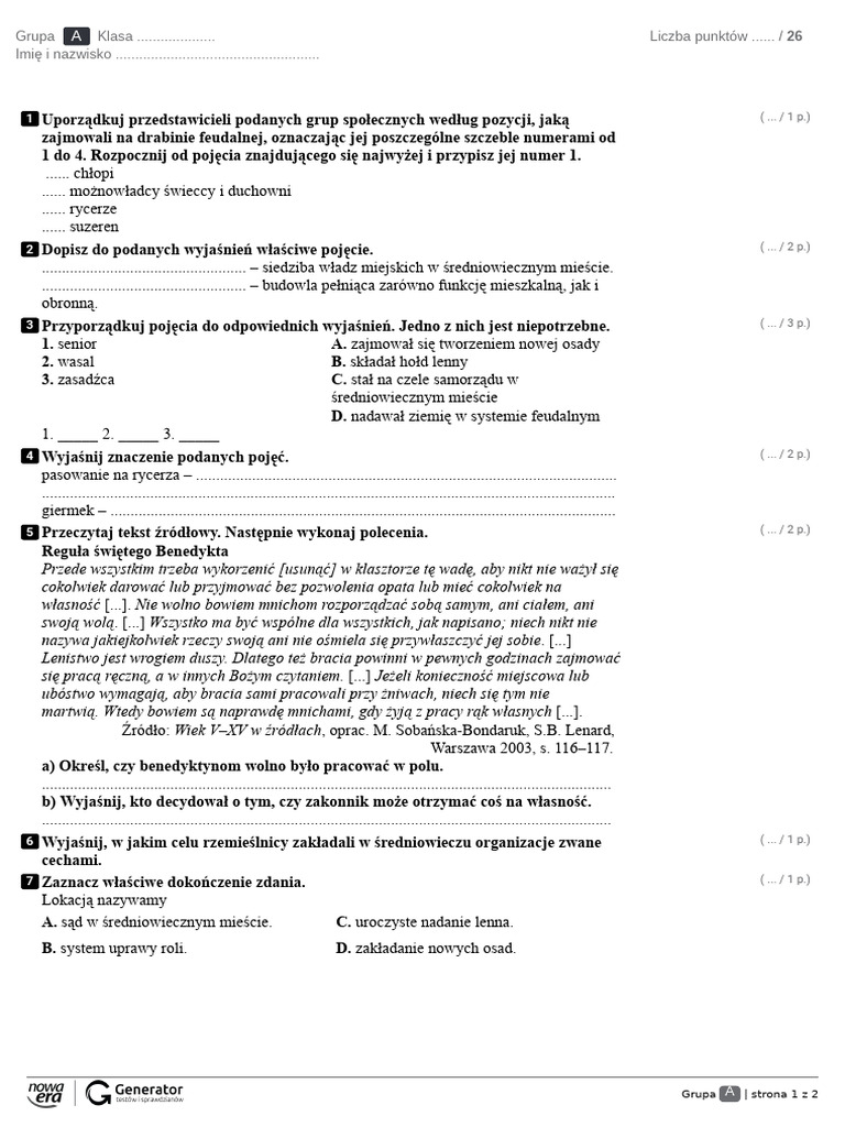 Historia Klasa 5 Rozdział 1 Rozdzia V Test NR 1 Test Z Widoczna Punktacja 1 | PDF