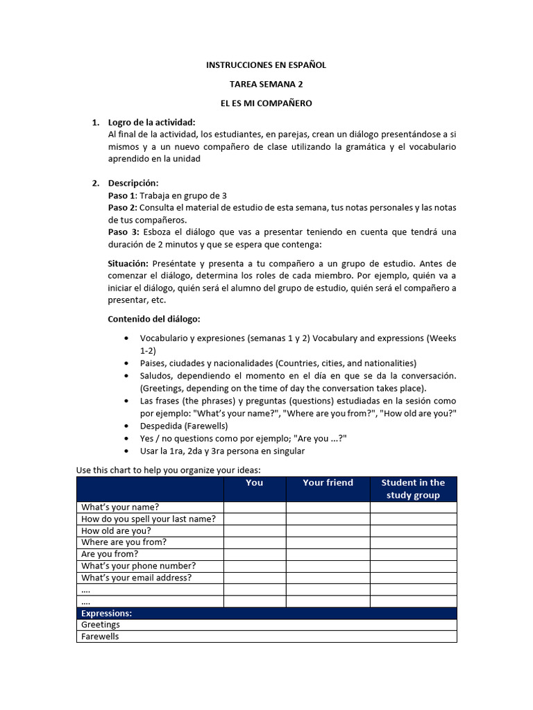 Week 2 - Task Assignment - Indicaciones en Español | PDF