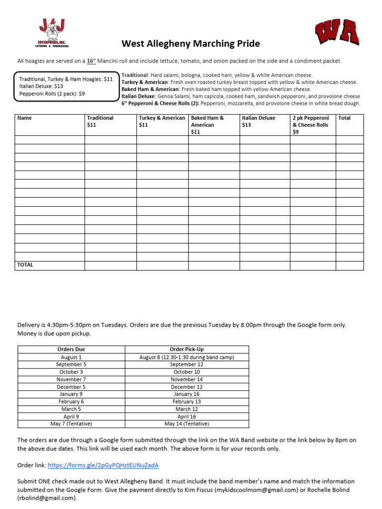 West Allegheny Marching Pride Hoagie Order Rev | PDF