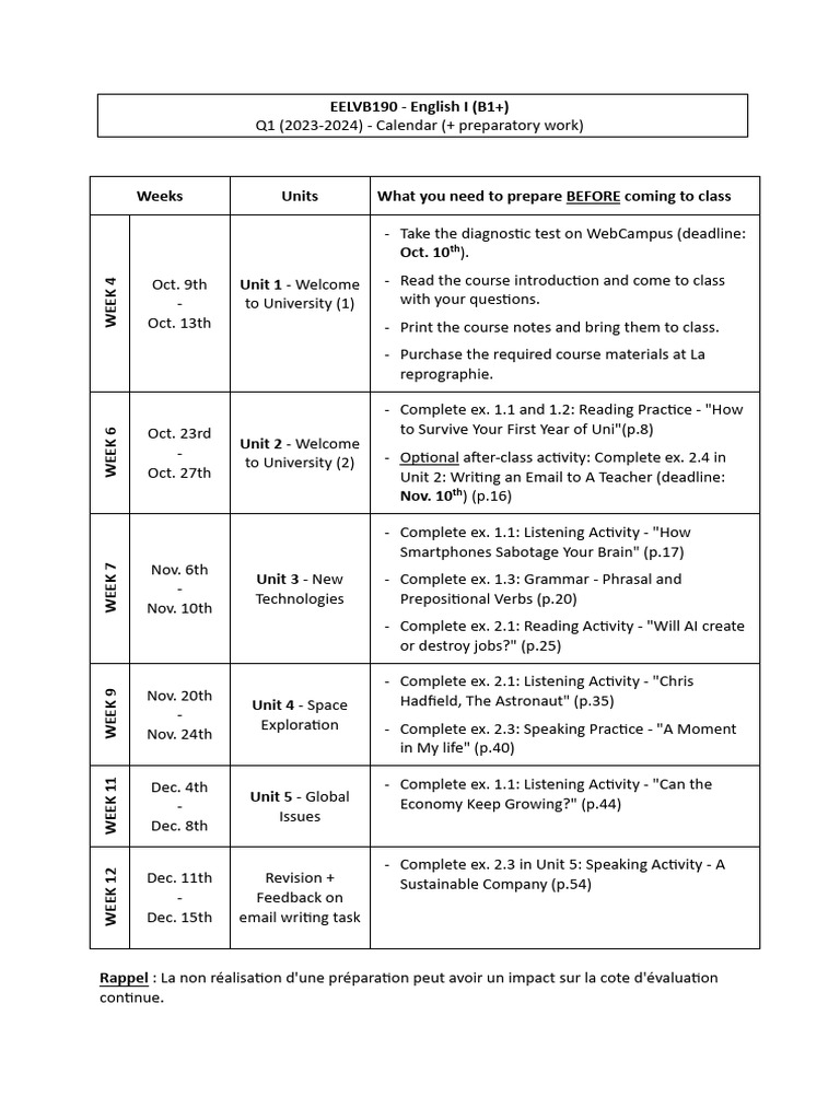 EELVB190 - Calendar (With Preparatory Work and Self-Study Plan) | PDF ...