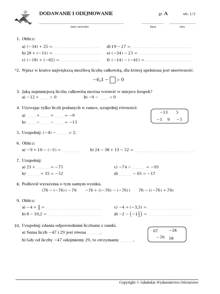 Dodawanie I Odejmowanie Liczb Całkowitych Klasa 6 Pdf Klasa 6. Liczby Dodatnie I Liczby Ujemne DODAWANIE I ODEJMOWANIE | PDF