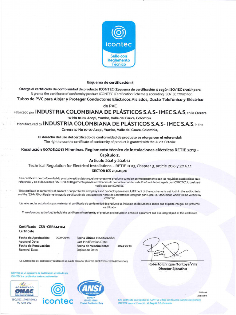 Icontec CSR-CER844704 (Certificado RETIE Producto) | PDF