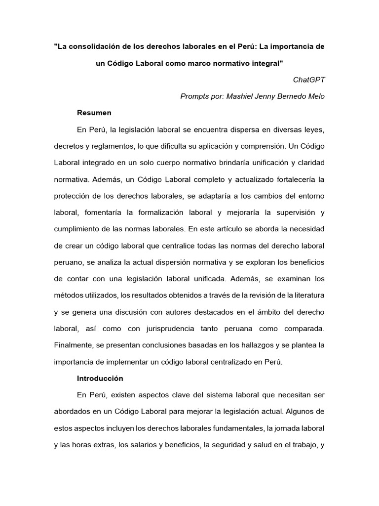 La Consolidación de Los Derechos Laborales en El Perú - Código Laboral ...