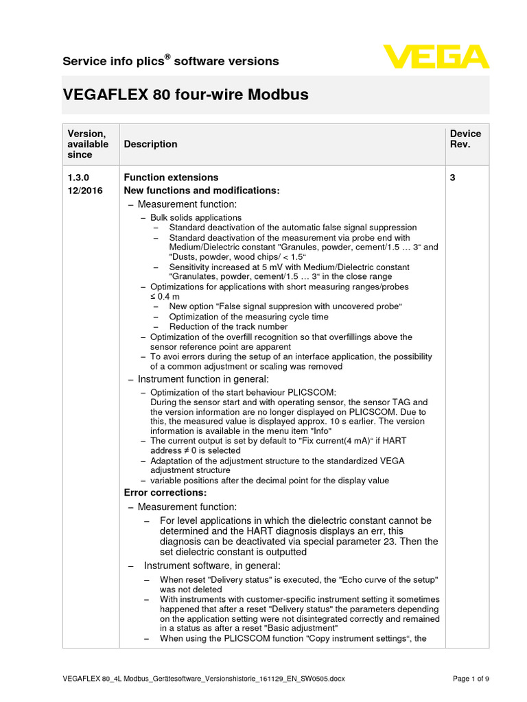 Vegaflex 80 4l modbus device software version history 161129 en sw0505