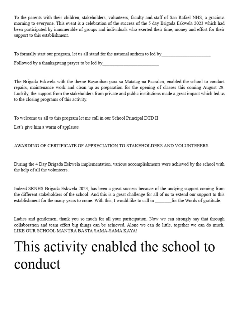 Brigada Script Closing Program | PDF | Social Science