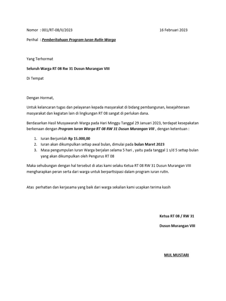 Surat Pemberitahuan Iuran Warga PDF
