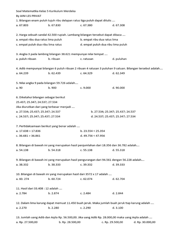 Soal Matematika Bilangan Cacah Kelas 5 | PDF