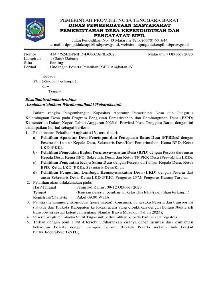 Undangan Pelatihan P3PD NTB 2023 | PDF