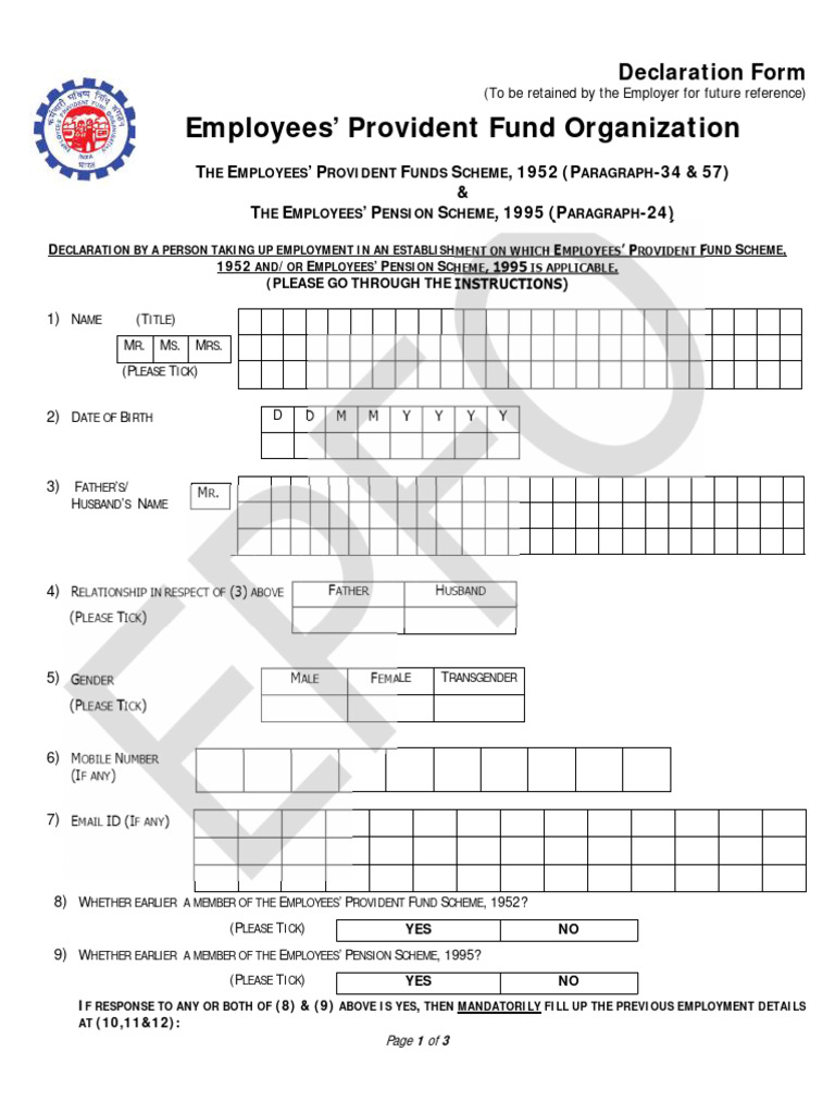 Form 11: EPF Declaration Sample | PDF
