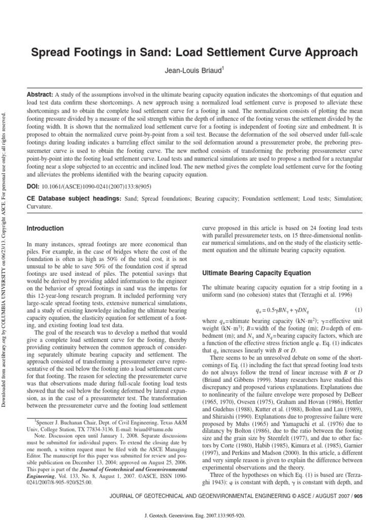 Spread Footings in Sand Load Settlement Curve Approach - Briaud 2007 ...
