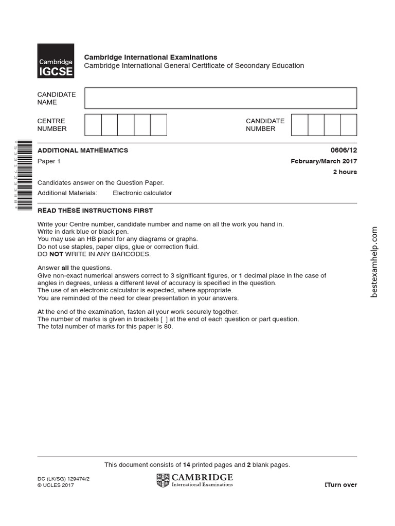 Cambridge IGCSE Additional Mathematics Paper 1 | PDF | Teaching Methods ...