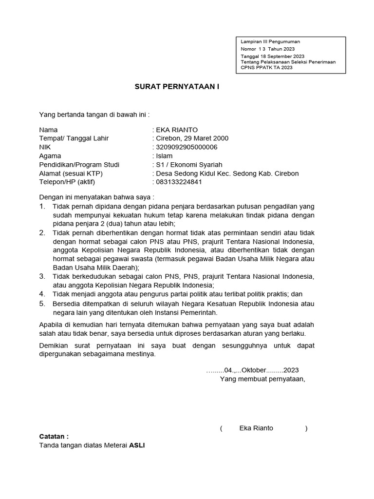 Eka Rianto Surat Pernyataan CPNS | PDF