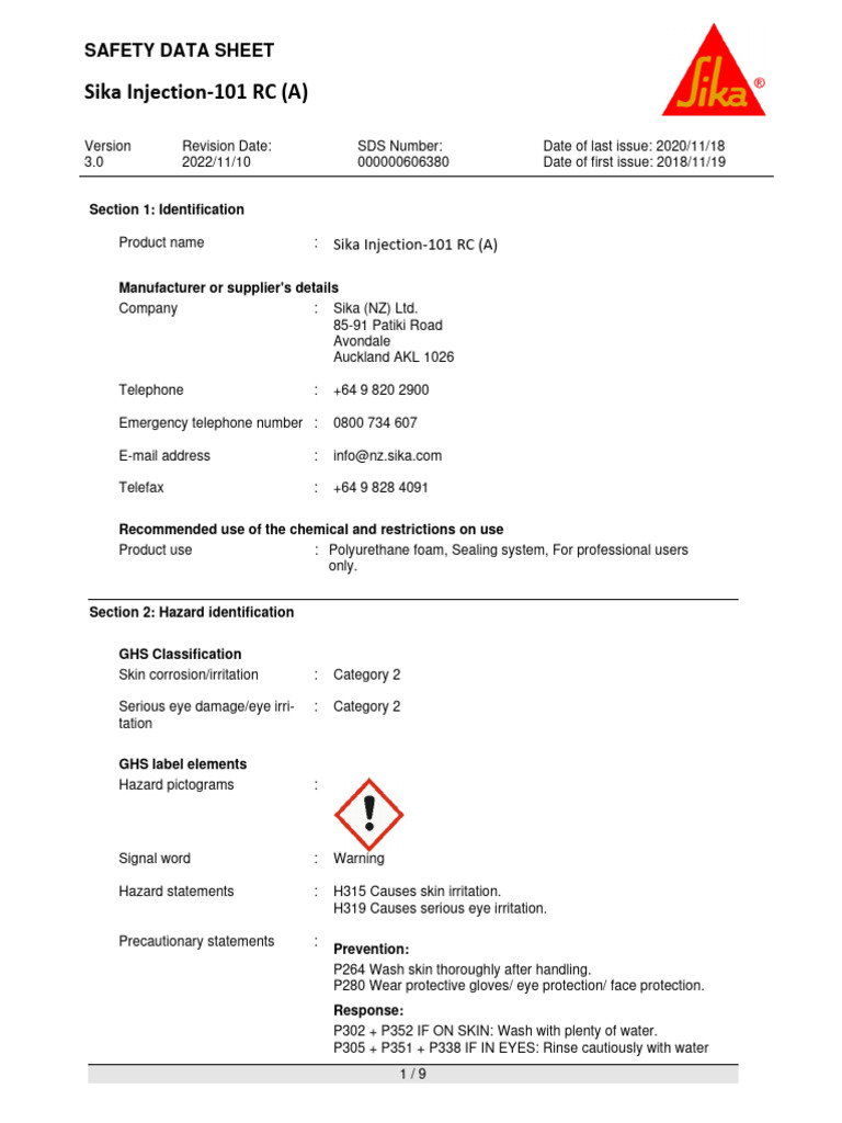 Sika Injection-101 RC Safety Data Sheet | PDF