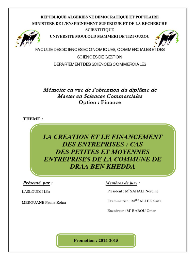 La Creation Et Le Financement Des Petit Et Moyenne Entreprise Cas de