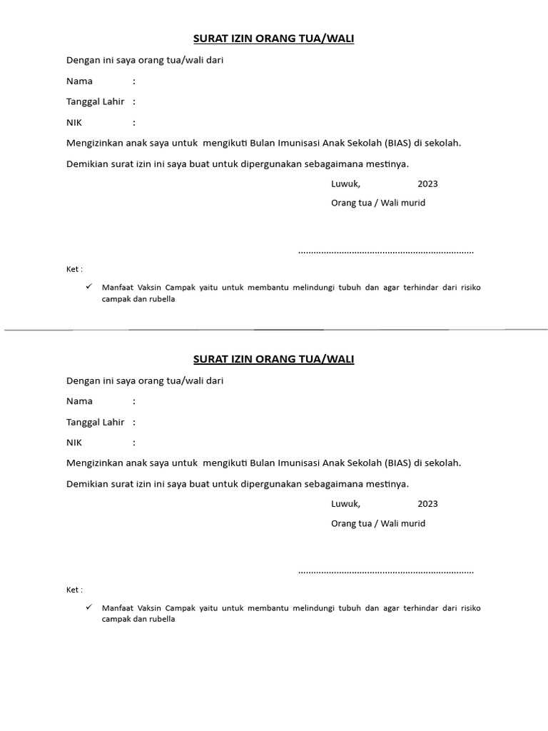 Surat Izin Orang Tua | PDF