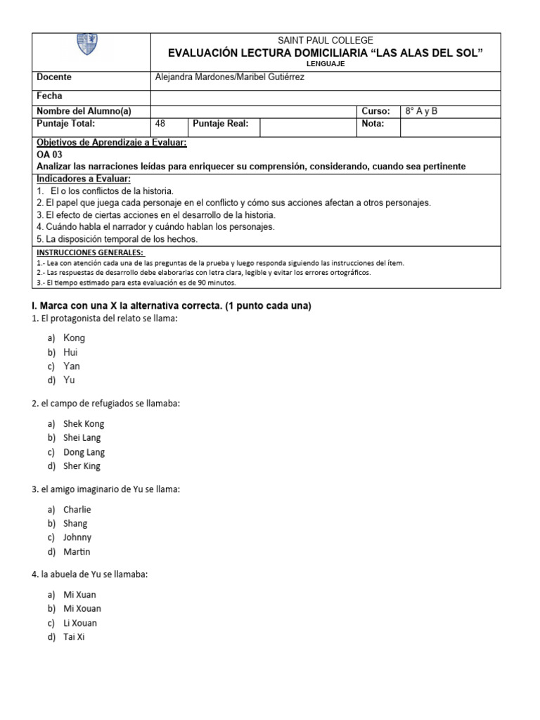 Evaluacion Las Alas Del Sol Pdf