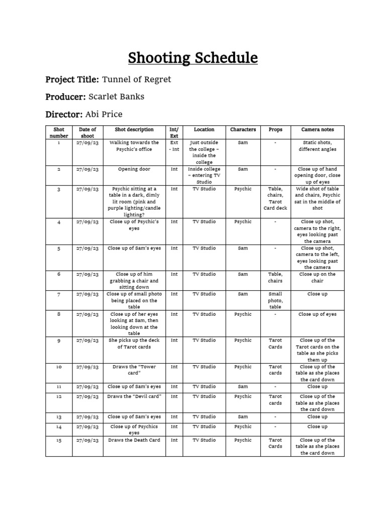 shooting schedule - portmanteau 1 | PDF