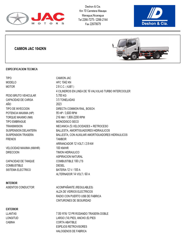 Especificaciones del Camión JAC HFC 1042 KN | PDF