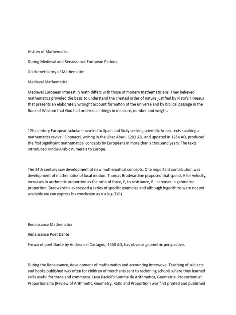 Medieval and Renaissance Mathematics History | PDF | Classics