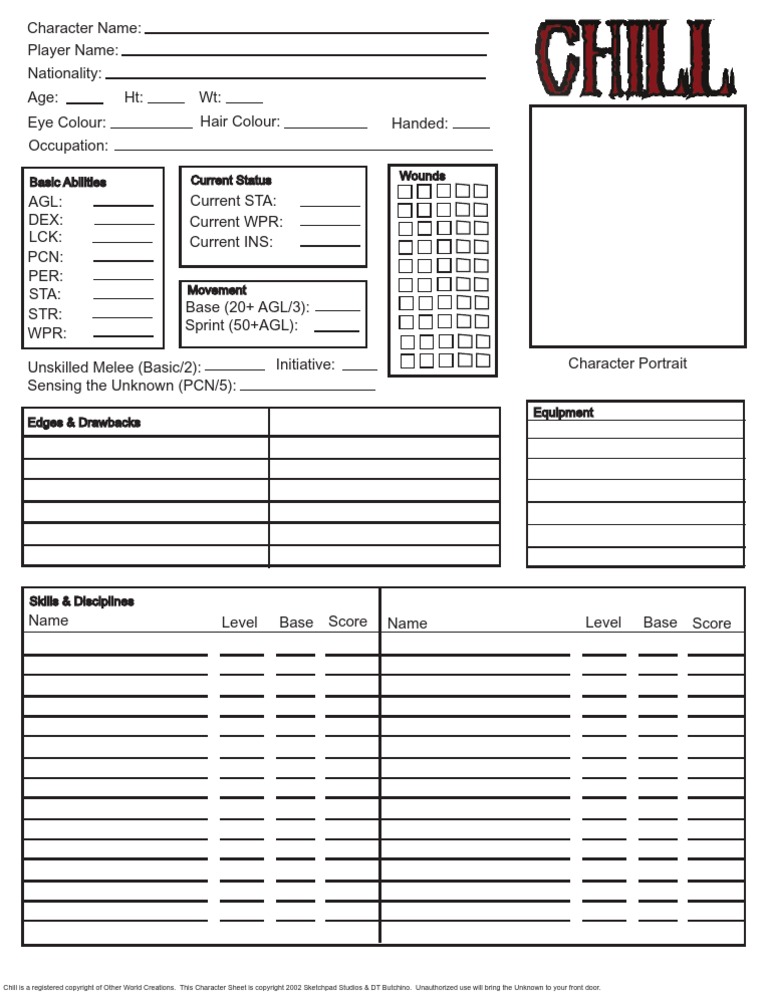 Chill RPG Character Sheet Template | PDF