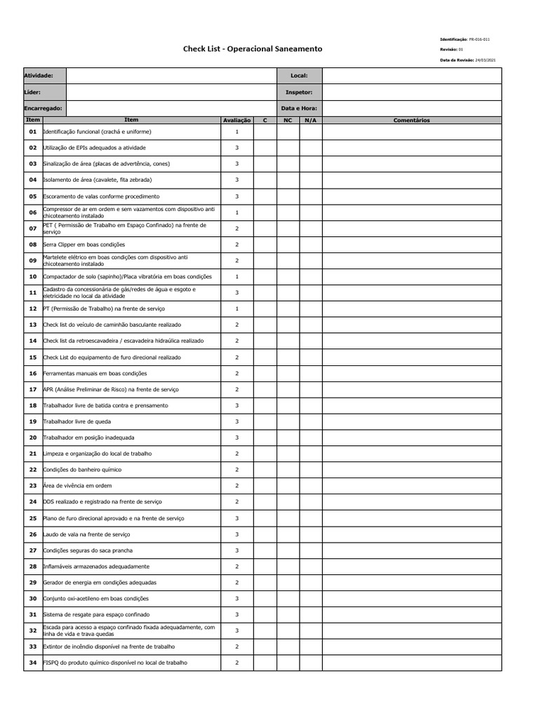Checklist Operacional de Saneamento | PDF