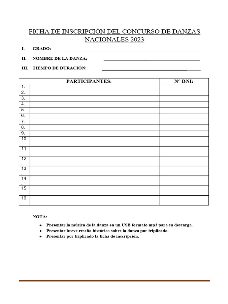 Ficha de Inscripción Del Concurso de Danzas Nacionales 2023 | PDF ...