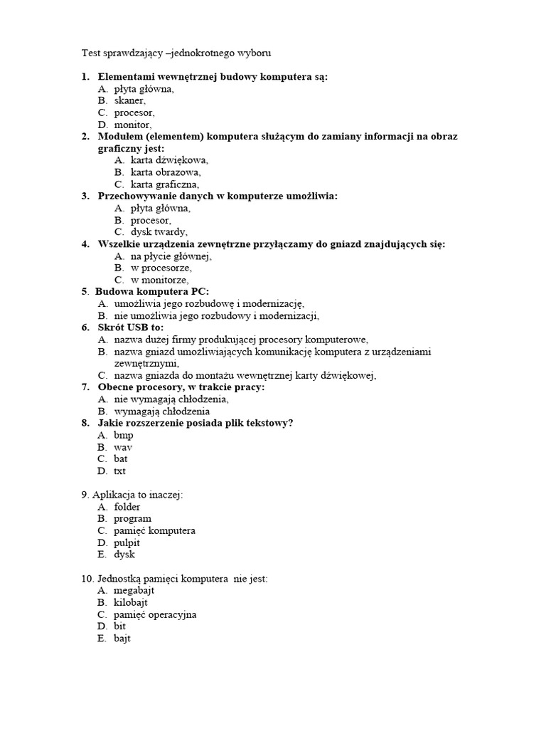 Test Migra Odpowiedzi Klasa 4 Test Sprawdzajacy Z Informatyki | PDF